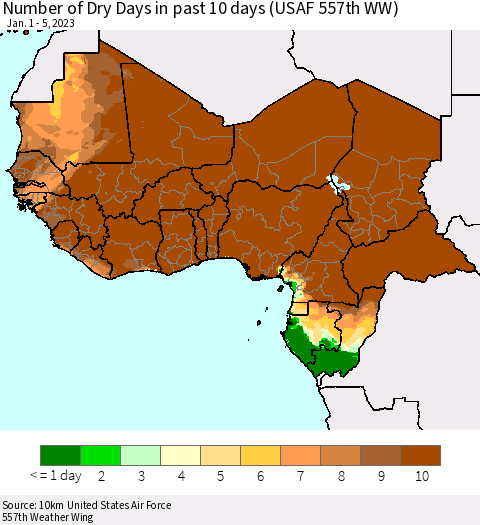 Western Africa Number of Dry Days in past 10 days (USAF 557th WW) Thematic Map For 1/1/2023 - 1/5/2023
