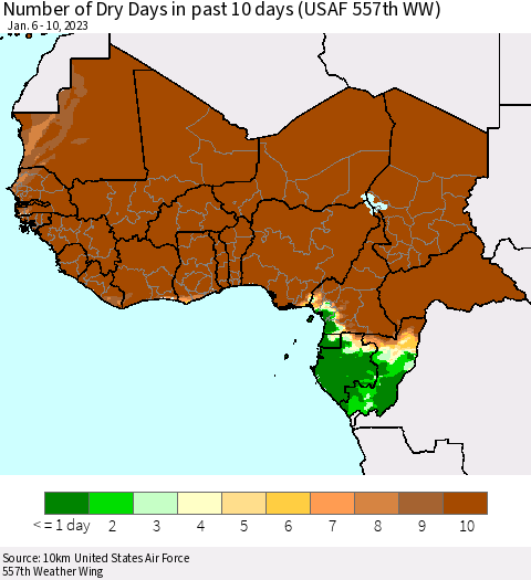Western Africa Number of Dry Days in past 10 days (USAF 557th WW) Thematic Map For 1/6/2023 - 1/10/2023