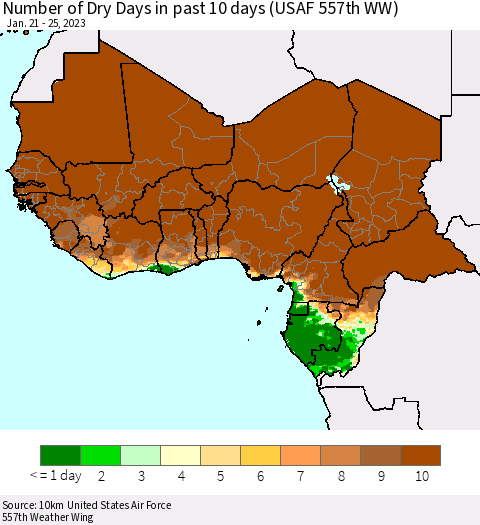 Western Africa Number of Dry Days in past 10 days (USAF 557th WW) Thematic Map For 1/21/2023 - 1/25/2023