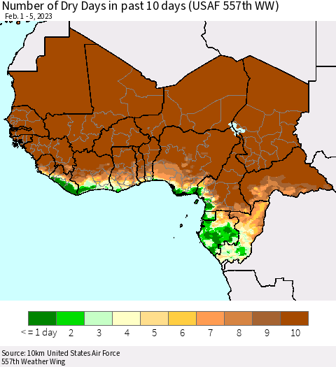 Western Africa Number of Dry Days in past 10 days (USAF 557th WW) Thematic Map For 2/1/2023 - 2/5/2023