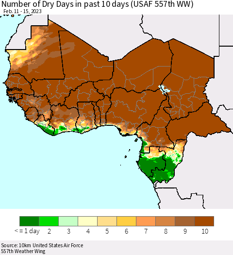 Western Africa Number of Dry Days in past 10 days (USAF 557th WW) Thematic Map For 2/11/2023 - 2/15/2023