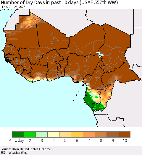 Western Africa Number of Dry Days in past 10 days (USAF 557th WW) Thematic Map For 2/21/2023 - 2/25/2023