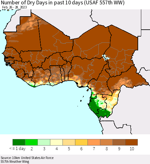 Western Africa Number of Dry Days in past 10 days (USAF 557th WW) Thematic Map For 2/26/2023 - 2/28/2023