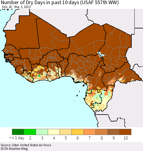 Western Africa Number of Dry Days in past 10 days (USAF 557th WW) Thematic Map For 3/1/2023 - 3/5/2023