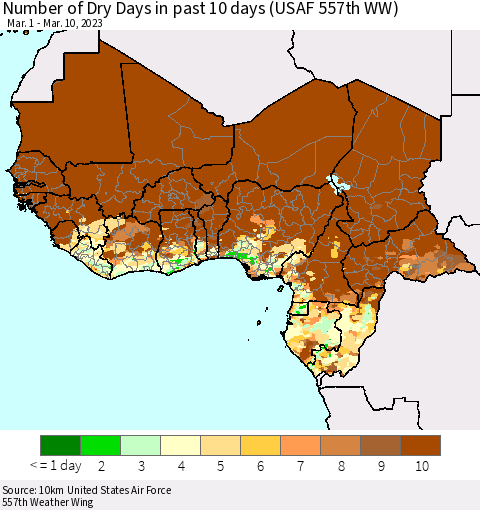 Western Africa Number of Dry Days in past 10 days (USAF 557th WW) Thematic Map For 3/6/2023 - 3/10/2023