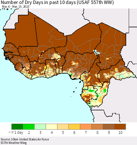 Western Africa Number of Dry Days in past 10 days (USAF 557th WW) Thematic Map For 3/11/2023 - 3/15/2023