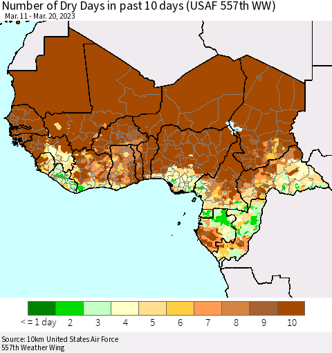Western Africa Number of Dry Days in past 10 days (USAF 557th WW) Thematic Map For 3/16/2023 - 3/20/2023