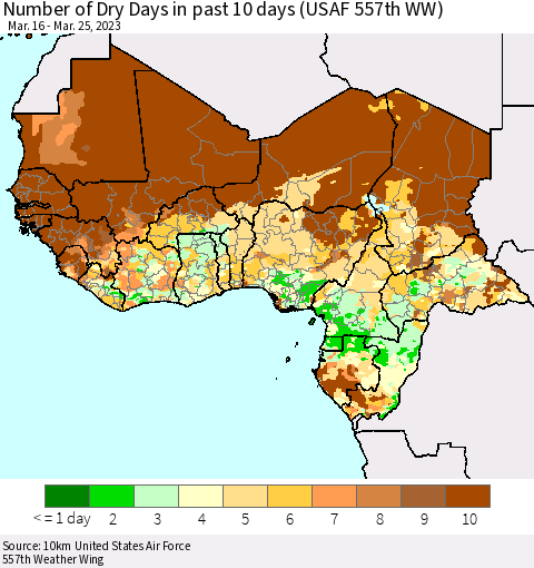 Western Africa Number of Dry Days in past 10 days (USAF 557th WW) Thematic Map For 3/21/2023 - 3/25/2023