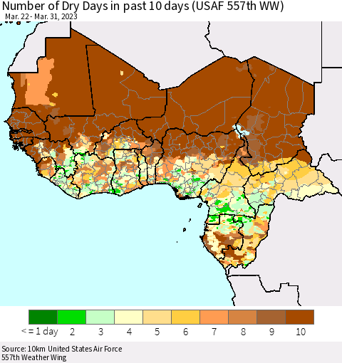 Western Africa Number of Dry Days in past 10 days (USAF 557th WW) Thematic Map For 3/26/2023 - 3/31/2023