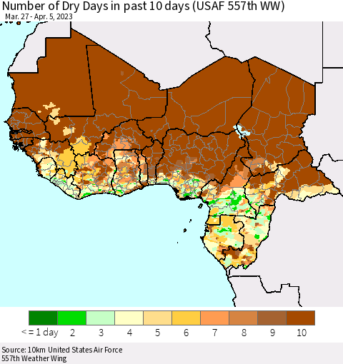 Western Africa Number of Dry Days in past 10 days (USAF 557th WW) Thematic Map For 4/1/2023 - 4/5/2023
