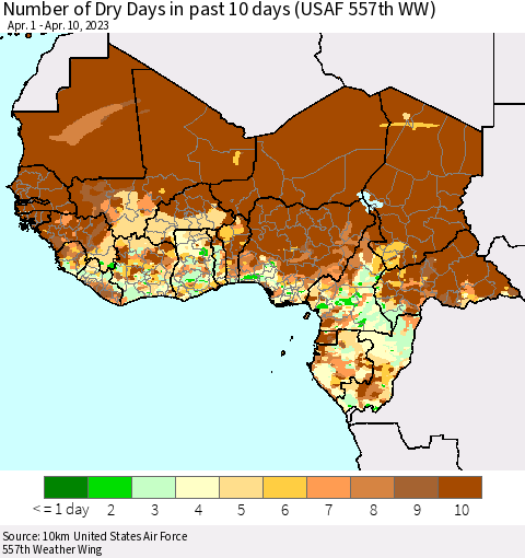 Western Africa Number of Dry Days in past 10 days (USAF 557th WW) Thematic Map For 4/6/2023 - 4/10/2023