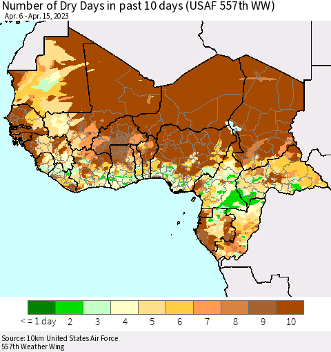 Western Africa Number of Dry Days in past 10 days (USAF 557th WW) Thematic Map For 4/11/2023 - 4/15/2023