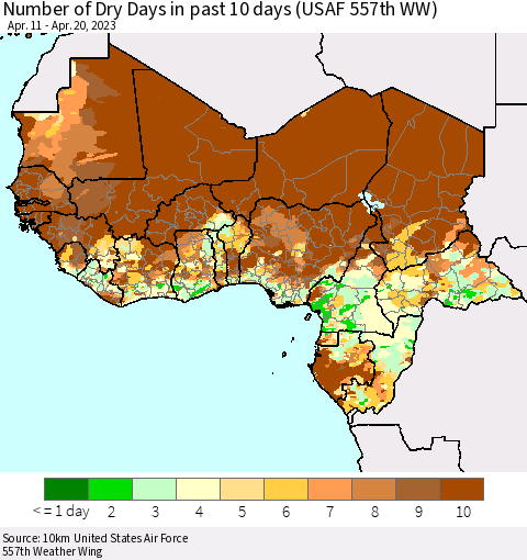 Western Africa Number of Dry Days in past 10 days (USAF 557th WW) Thematic Map For 4/16/2023 - 4/20/2023