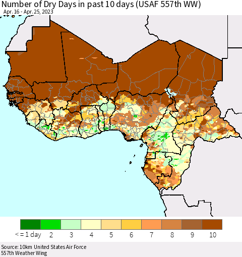 Western Africa Number of Dry Days in past 10 days (USAF 557th WW) Thematic Map For 4/21/2023 - 4/25/2023