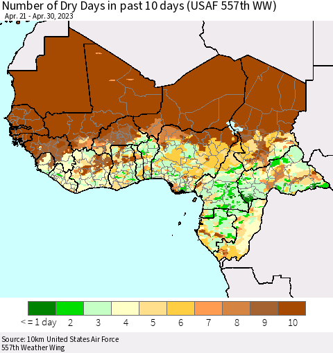 Western Africa Number of Dry Days in past 10 days (USAF 557th WW) Thematic Map For 4/26/2023 - 4/30/2023
