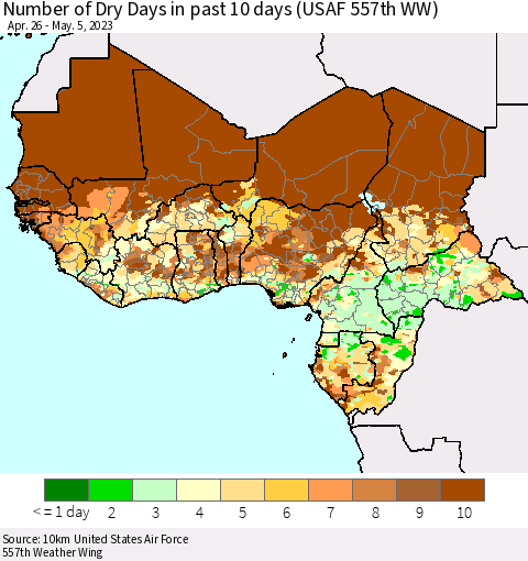 Western Africa Number of Dry Days in past 10 days (USAF 557th WW) Thematic Map For 5/1/2023 - 5/5/2023