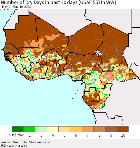 Western Africa Number of Dry Days in past 10 days (USAF 557th WW) Thematic Map For 5/6/2023 - 5/10/2023