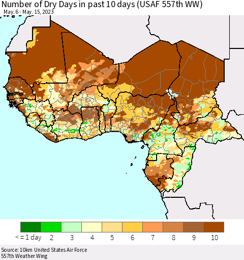 Western Africa Number of Dry Days in past 10 days (USAF 557th WW) Thematic Map For 5/11/2023 - 5/15/2023