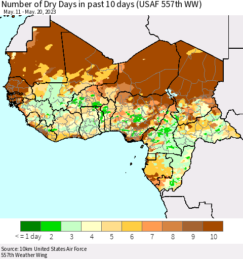 Western Africa Number of Dry Days in past 10 days (USAF 557th WW) Thematic Map For 5/16/2023 - 5/20/2023