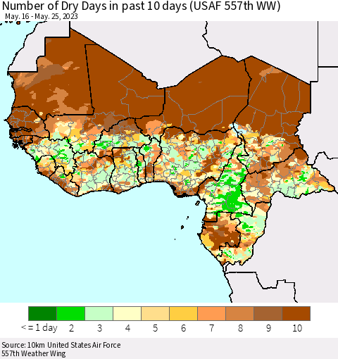 Western Africa Number of Dry Days in past 10 days (USAF 557th WW) Thematic Map For 5/21/2023 - 5/25/2023