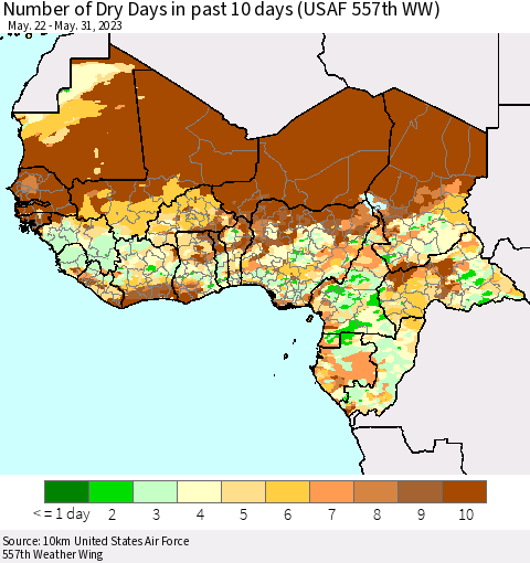 Western Africa Number of Dry Days in past 10 days (USAF 557th WW) Thematic Map For 5/26/2023 - 5/31/2023