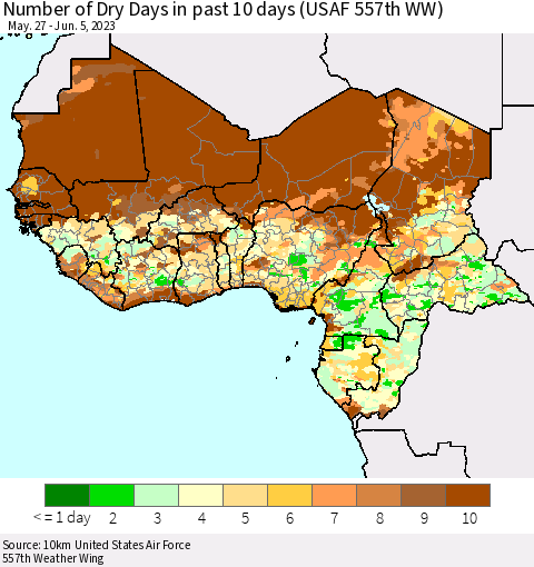 Western Africa Number of Dry Days in past 10 days (USAF 557th WW) Thematic Map For 6/1/2023 - 6/5/2023