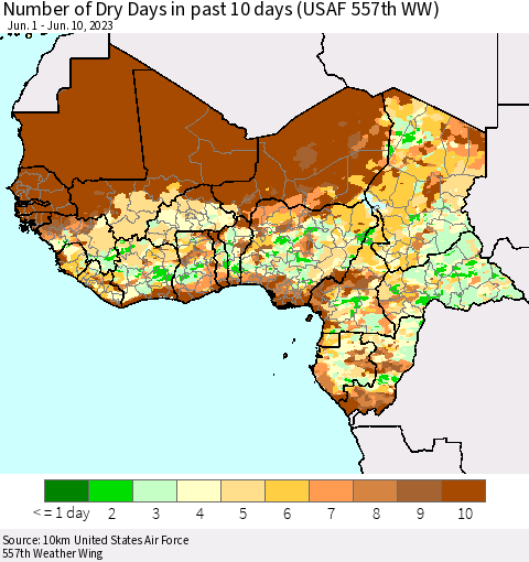 Western Africa Number of Dry Days in past 10 days (USAF 557th WW) Thematic Map For 6/6/2023 - 6/10/2023