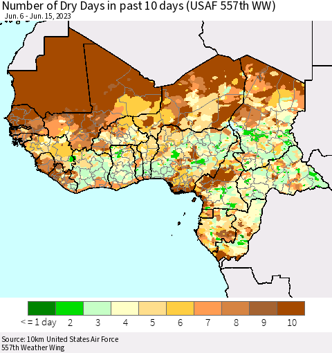 Western Africa Number of Dry Days in past 10 days (USAF 557th WW) Thematic Map For 6/11/2023 - 6/15/2023