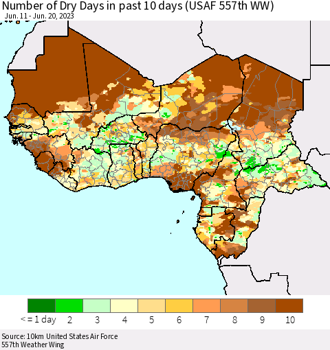 Western Africa Number of Dry Days in past 10 days (USAF 557th WW) Thematic Map For 6/16/2023 - 6/20/2023