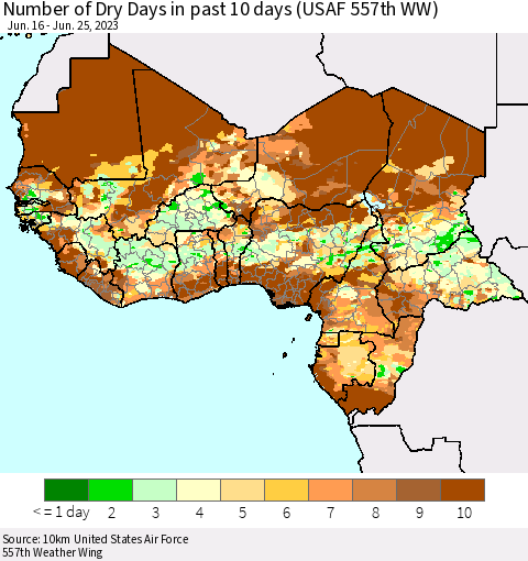 Western Africa Number of Dry Days in past 10 days (USAF 557th WW) Thematic Map For 6/21/2023 - 6/25/2023