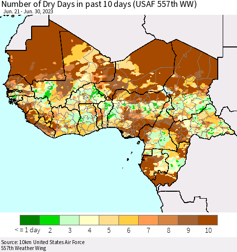 Western Africa Number of Dry Days in past 10 days (USAF 557th WW) Thematic Map For 6/26/2023 - 6/30/2023