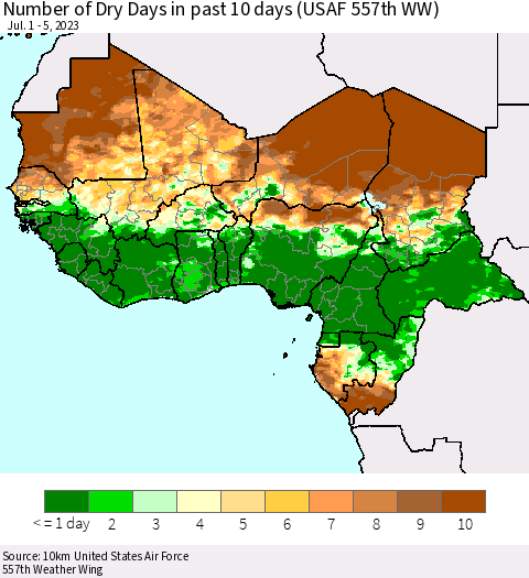 Western Africa Number of Dry Days in past 10 days (USAF 557th WW) Thematic Map For 7/1/2023 - 7/5/2023