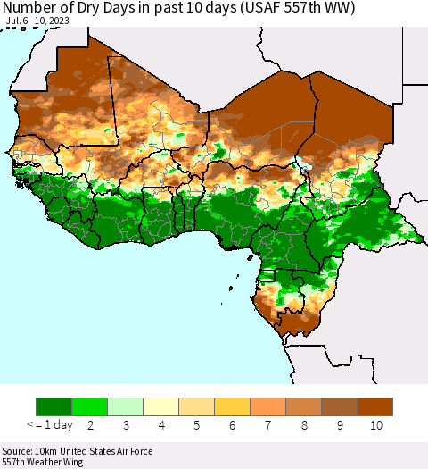 Western Africa Number of Dry Days in past 10 days (USAF 557th WW) Thematic Map For 7/6/2023 - 7/10/2023