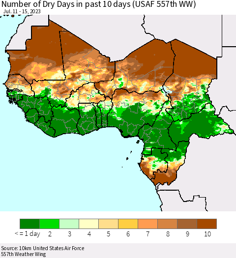Western Africa Number of Dry Days in past 10 days (USAF 557th WW) Thematic Map For 7/11/2023 - 7/15/2023