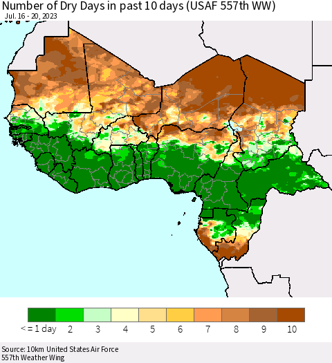 Western Africa Number of Dry Days in past 10 days (USAF 557th WW) Thematic Map For 7/16/2023 - 7/20/2023