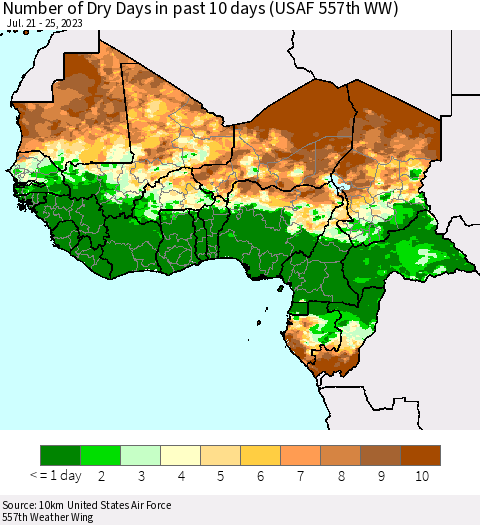Western Africa Number of Dry Days in past 10 days (USAF 557th WW) Thematic Map For 7/21/2023 - 7/25/2023