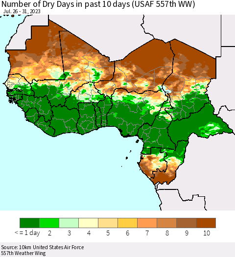 Western Africa Number of Dry Days in past 10 days (USAF 557th WW) Thematic Map For 7/26/2023 - 7/31/2023
