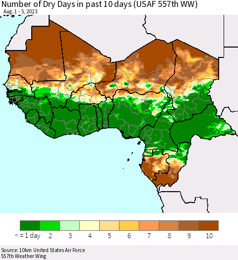 Western Africa Number of Dry Days in past 10 days (USAF 557th WW) Thematic Map For 8/1/2023 - 8/5/2023
