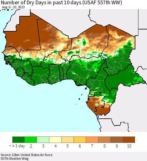 Western Africa Number of Dry Days in past 10 days (USAF 557th WW) Thematic Map For 8/6/2023 - 8/10/2023