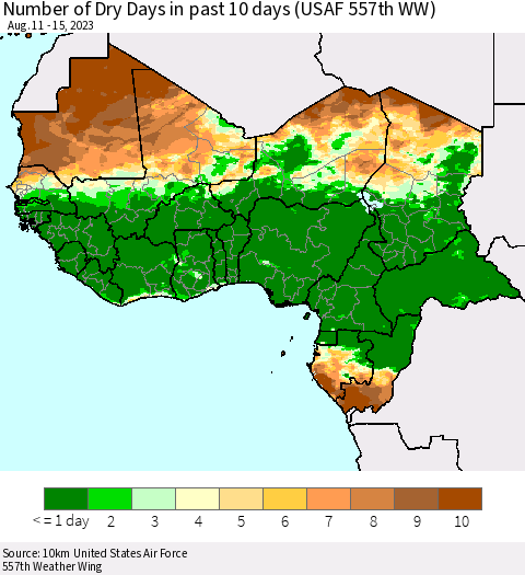Western Africa Number of Dry Days in past 10 days (USAF 557th WW) Thematic Map For 8/11/2023 - 8/15/2023