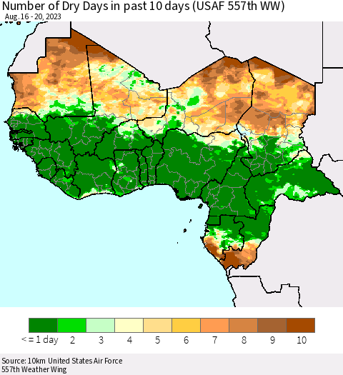 Western Africa Number of Dry Days in past 10 days (USAF 557th WW) Thematic Map For 8/16/2023 - 8/20/2023