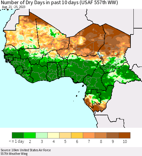 Western Africa Number of Dry Days in past 10 days (USAF 557th WW) Thematic Map For 8/21/2023 - 8/25/2023