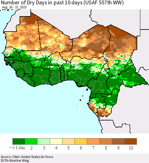 Western Africa Number of Dry Days in past 10 days (USAF 557th WW) Thematic Map For 8/26/2023 - 8/31/2023