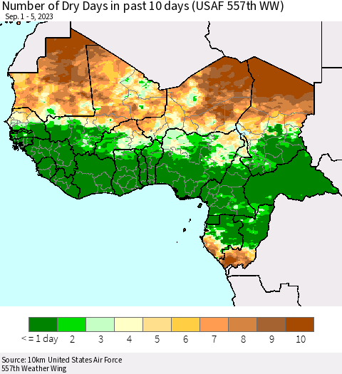 Western Africa Number of Dry Days in past 10 days (USAF 557th WW) Thematic Map For 9/1/2023 - 9/5/2023