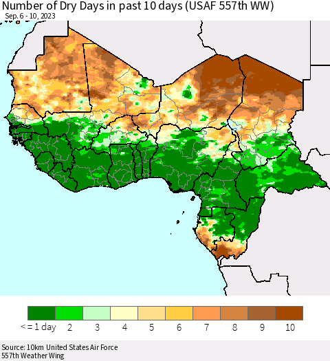 Western Africa Number of Dry Days in past 10 days (USAF 557th WW) Thematic Map For 9/6/2023 - 9/10/2023