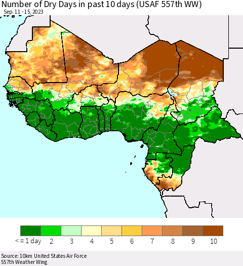 Western Africa Number of Dry Days in past 10 days (USAF 557th WW) Thematic Map For 9/11/2023 - 9/15/2023