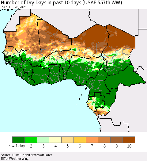 Western Africa Number of Dry Days in past 10 days (USAF 557th WW) Thematic Map For 9/16/2023 - 9/20/2023