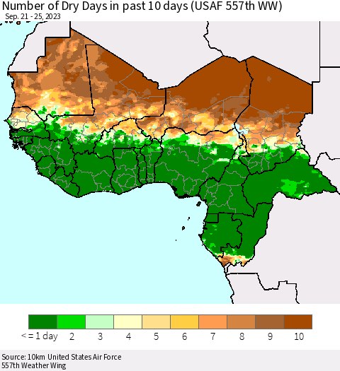 Western Africa Number of Dry Days in past 10 days (USAF 557th WW) Thematic Map For 9/21/2023 - 9/25/2023