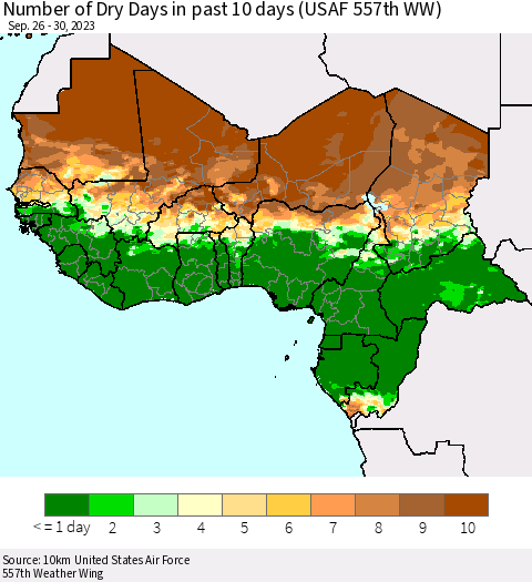 Western Africa Number of Dry Days in past 10 days (USAF 557th WW) Thematic Map For 9/26/2023 - 9/30/2023