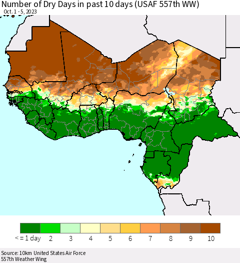 Western Africa Number of Dry Days in past 10 days (USAF 557th WW) Thematic Map For 10/1/2023 - 10/5/2023